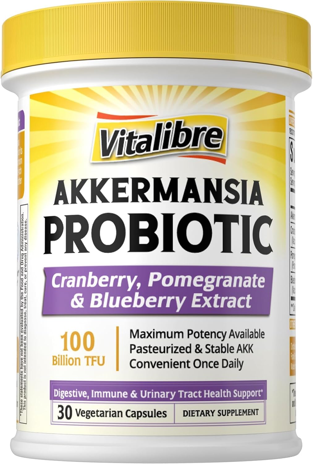 Vitalibre Akkermansia Probiotics 100 Billion TFU, Pasteurized Akkermansia Muciniphila, w/Cranberry, Blueberry & Pomegranate, Digestive & Immune Health, Leaky Gut, GLP-1 Supplement, 30 Vegan Capsules