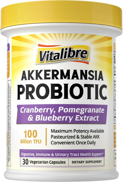 Vitalibre Akkermansia Probiotics 100 Billion TFU, Pasteurized Akkermansia Muciniphila, w/Cranberry, Blueberry & Pomegranate, Digestive & Immune Health, Leaky Gut, GLP-1 Supplement, 30 Vegan Capsules