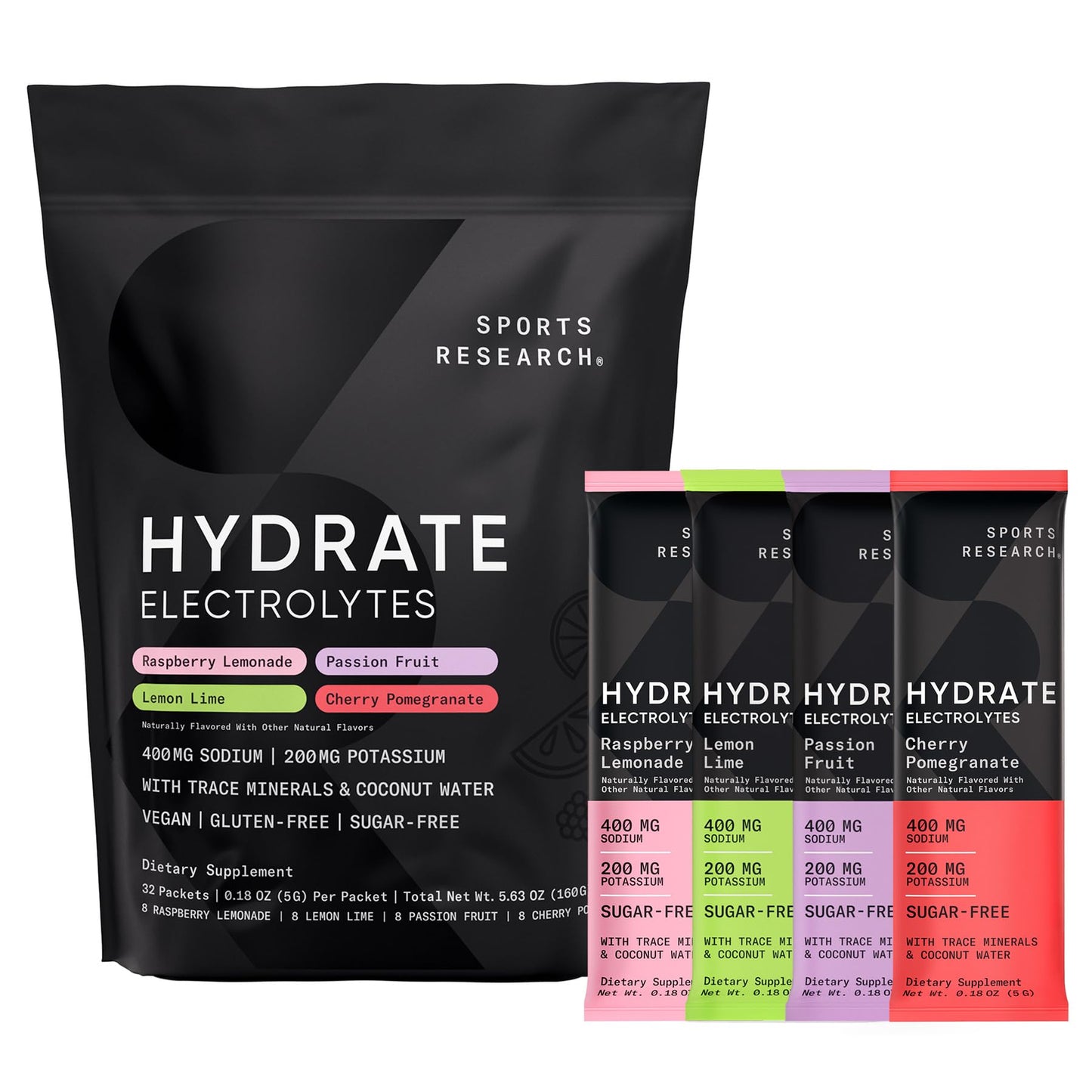 Sports Research® Hydrate Electrolytes Powder Packets - Sugar-Free & Naturally Flavored with Vitamins, Minerals, and Coconut Water - Supports Hydration - 16 Packets - Variety Pack | Sugar-Free