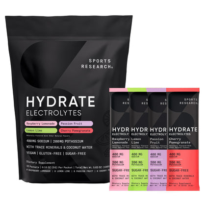 Sports Research® Hydrate Electrolytes Powder Packets - Sugar-Free & Naturally Flavored with Vitamins, Minerals, and Coconut Water - Supports Hydration - 16 Packets - Variety Pack | Sugar-Free