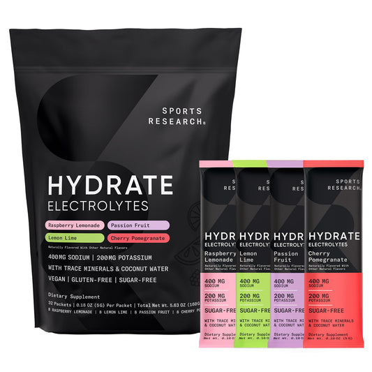 Sports Research® Hydrate Electrolytes Powder Packets - Sugar-Free & Naturally Flavored with Vitamins, Minerals, and Coconut Water - Supports Hydration - 16 Packets - Variety Pack | Sugar-Free