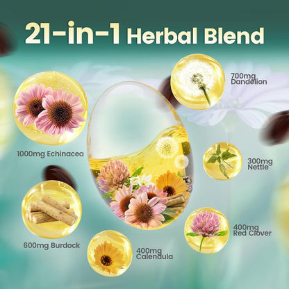 Lymphatic Drainage Supplement, Lymph System Support Supplement for Women & Men, 21-in-1 Herbal Blend with Echinacea, Dandelion, Burdock, Bromelain, Calendula, Turmeric & More