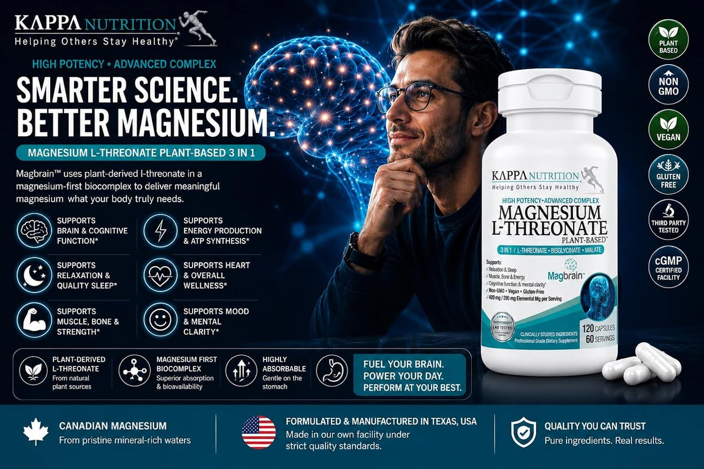 Magnesium L-Threonate Plant-Based 3 in 1 Powered by Magbrain® Magnesium L-Threonate Plant-Based | Magnesium Bisglycinate & Magnesium Malate | Up to 420 mg Elemental Magnesium | 150 Vegan Capsules.