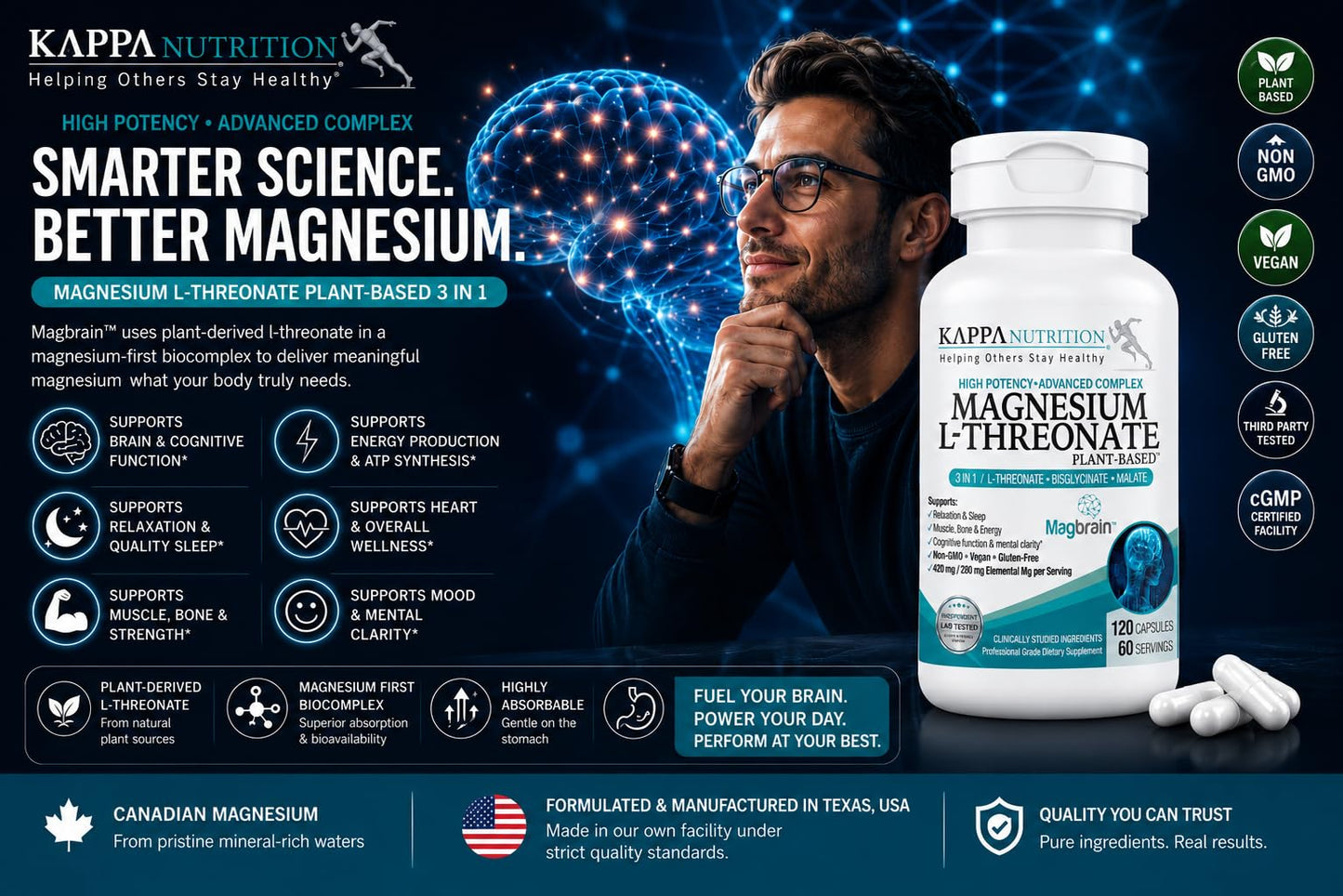 Magnesium L-Threonate Plant-Based 3 in 1 Powered by Magbrain® Magnesium L-Threonate Plant-Based | Magnesium Bisglycinate & Magnesium Malate | Up to 420 mg Elemental Magnesium | 150 Vegan Capsules.