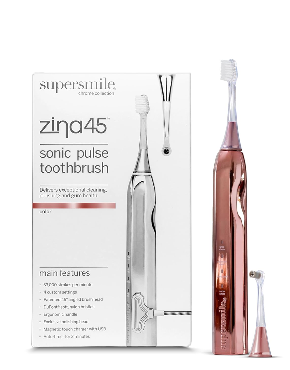 Supersmile Zina45 Sonic Pulse Toothbrush, Rose Gold, Rechargeable