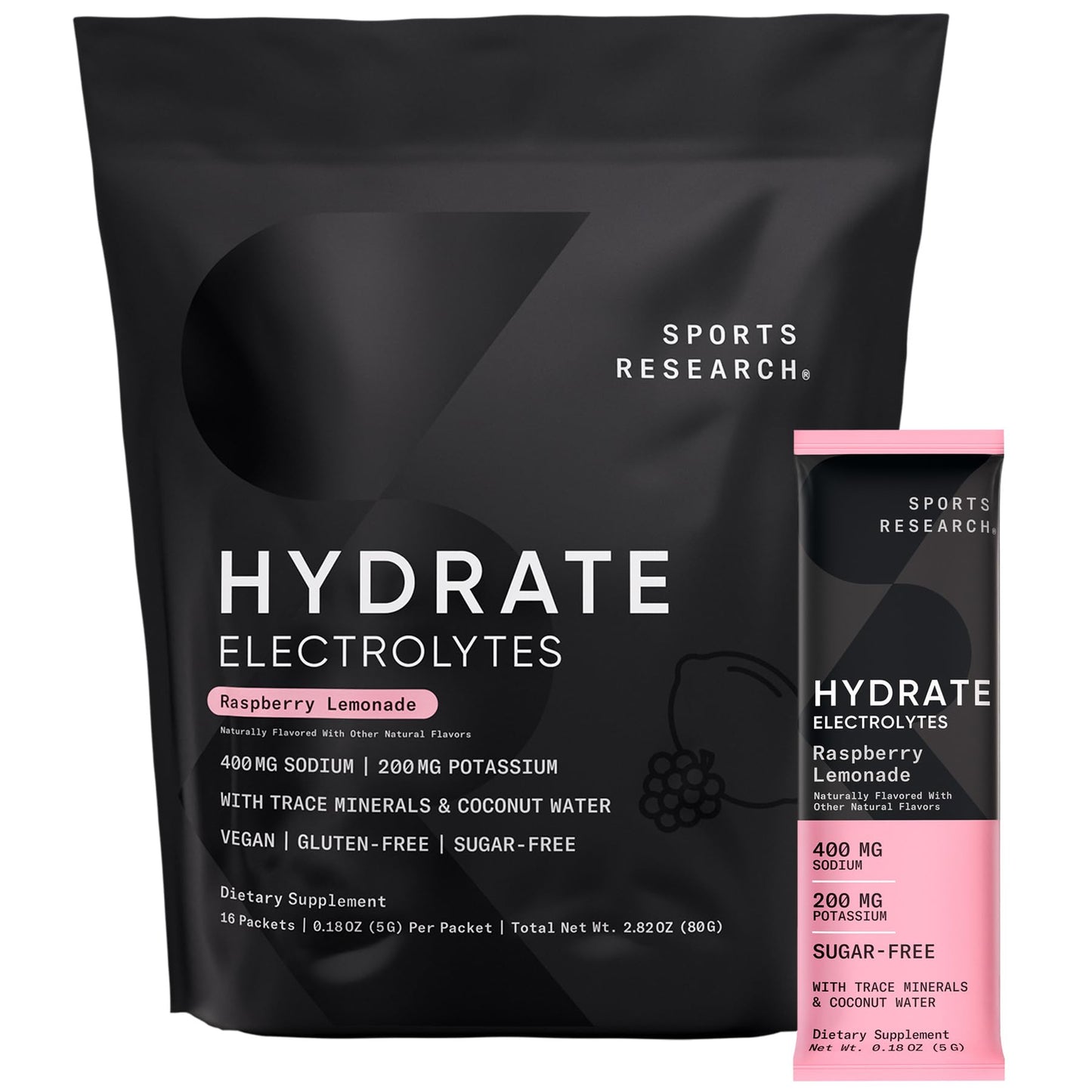 Sports Research® Hydrate Electrolytes Powder Packets - Sugar-Free & Naturally Flavored with Vitamins, Minerals, and Coconut Water - Supports Hydration - 16 Packets - Variety Pack | Sugar-Free
