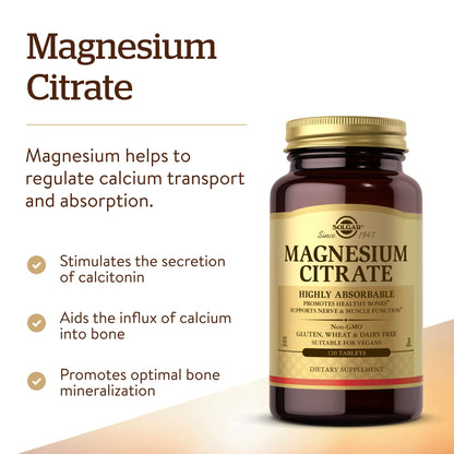 Solgar Magnesium Citrate, 120 Tablets - Promotes Healthy Bones - Supports Nerve & Muscle Function - Non GMO, Vegan, Gluten Free, Dairy Free, Kosher - 60 Servings, Standard Packaging