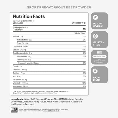 HumanN SuperBeets Sport Endurance Pre Workout Powder, Nitric Oxide Supplement, NSF Certified, Stimulant & Caffeine Free, Made with Beet Root, Wild Cherry, 20 Servings