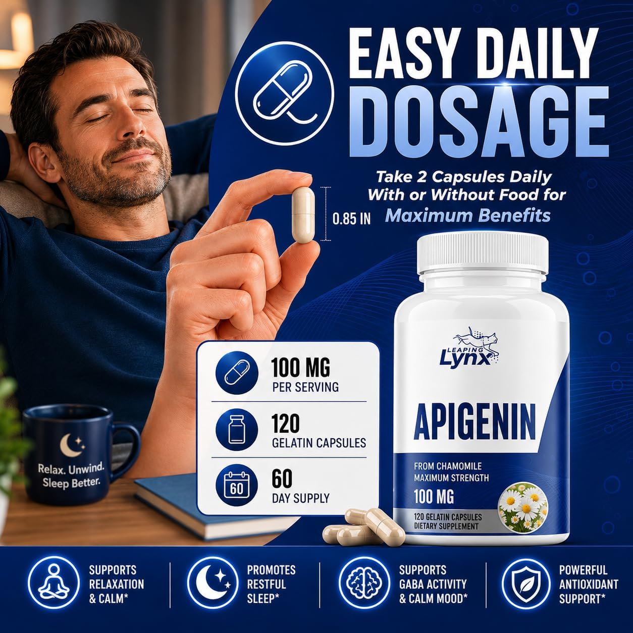 Leaping Lynx Apigenin 100 mg Per Serving (50 mg Per Capsule), 120 Capsules | 60 Day Supply | Sleep Support Supplement for Relaxation, Calm Mood & Healthy Aging | Marigold Extract | Non-GMO