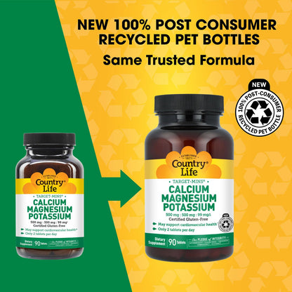 Country Life Target Mins - Calcium Magnesium Potassium Bone & Heart Health Supplement, 1000mg Calcium, 500mg Magnesium, Supports Calcium Utilization, 180 Tablets – Certified Gluten Free & Vegan