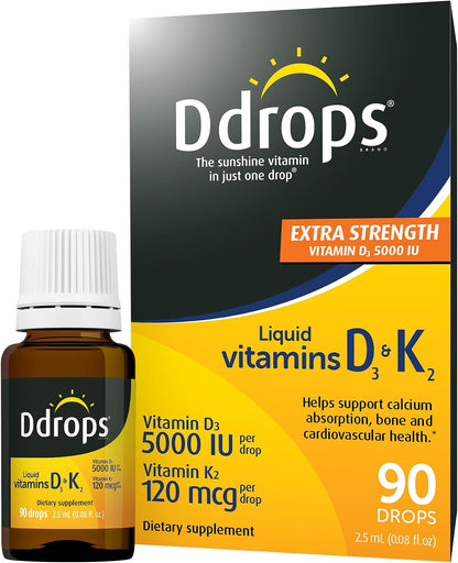 Ddrops Extra Strength 5000 IU Vitamin D3 + K2 90 Drops - Liquid Vitamin D3 & K2 (MK7) Supplement. Supporting Strong Bones, Immune System and Cardiovascular Health.