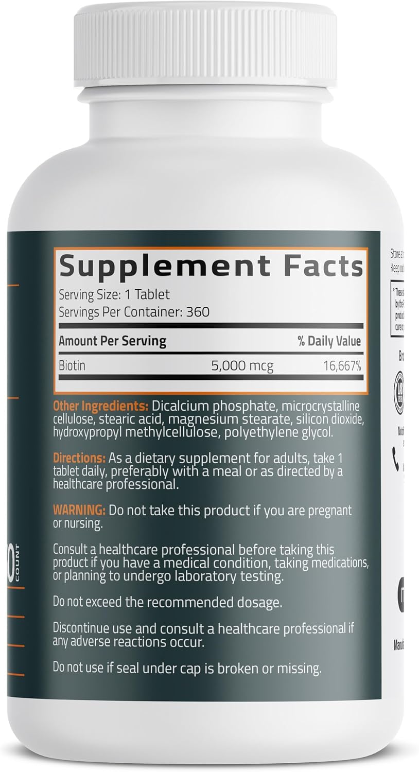 Bronson Biotin 5,000mcg Hair Skin and Nails Vitamins, 360 Tablets | Vegetarian Beauty Support, Non-GMO, Gluten-Free, Soy-Free, Supports Healthy Hair, Skin and Nails