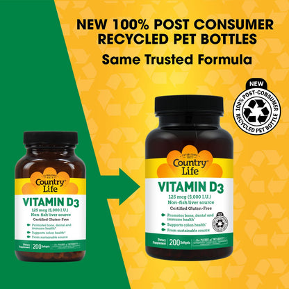 Country Life Vitamin D3 5000 IU for Immune and Bone Health, Calcium Absorption, and Colon Health - Sustainable Source from Lanolin, Available in Various Strengths