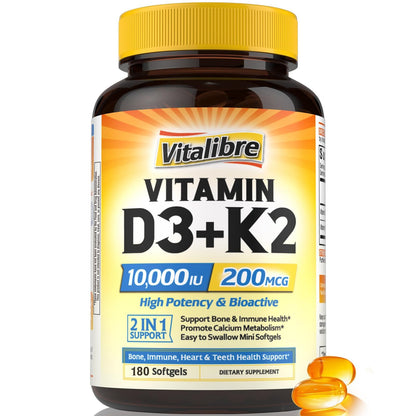 Vitalibre Vitamin D3 K2 Supplement, Vitamin D3 10000 IU & 200 mcg K2 MK7 | Enhanced Calcium Absorption, Bone, Heart, Immune & Mood Support, No Soy, Easy to Swallow, 90 Softgels