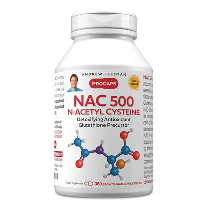 ANDREW LESSMAN ProCaps NAC 500 N-Acetyl Cysteine, 60 Capsules | 500 mg of N-Acetyl Cysteine to support glutathione production, antioxidant defenses and cellular health.
