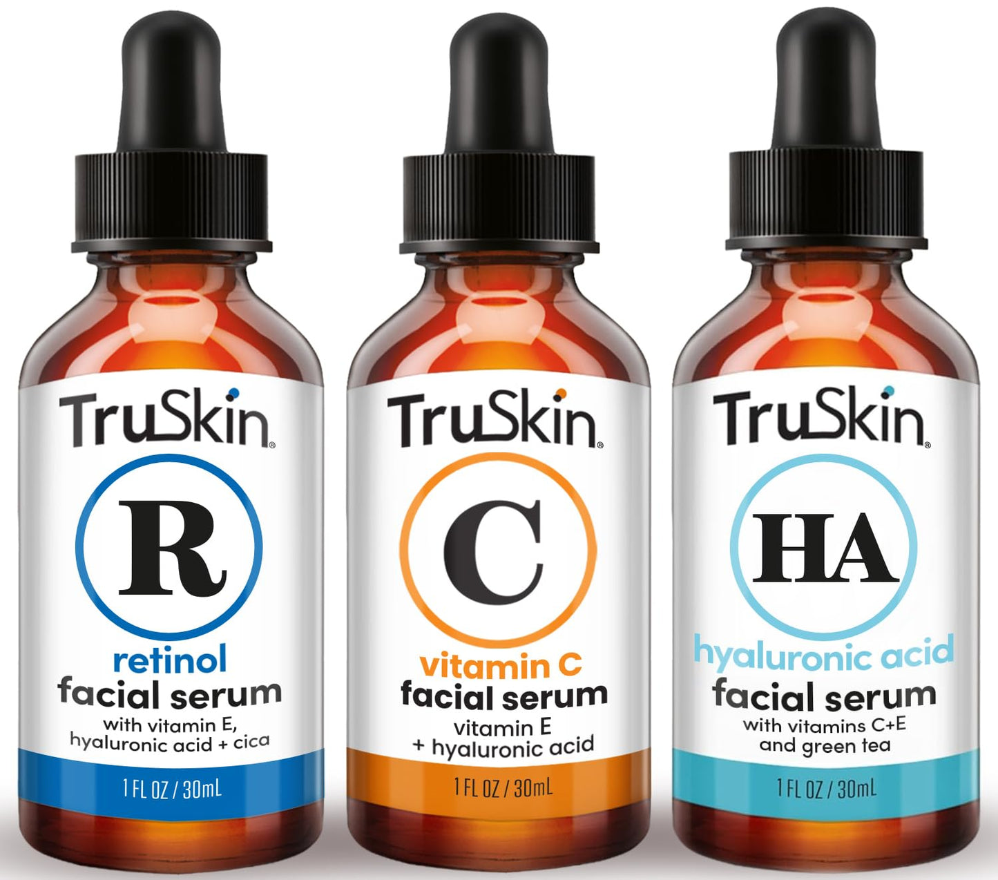 TruSkin Serum Trio with Vitamin C, Retinol & Hyaluronic Acid, 1 fl oz Each | Complete anti aging AM, PM & all-day skincare routine with coordinated serums to brighten, smooth & hydrate skin