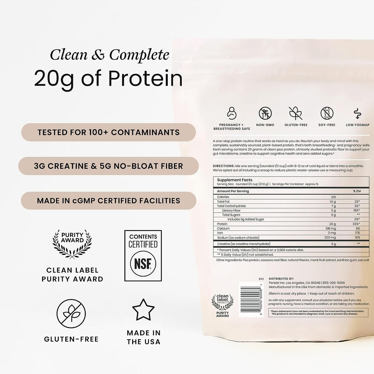 Perelel Vegan Pea Protein Powder, 20g Protein, Vanilla