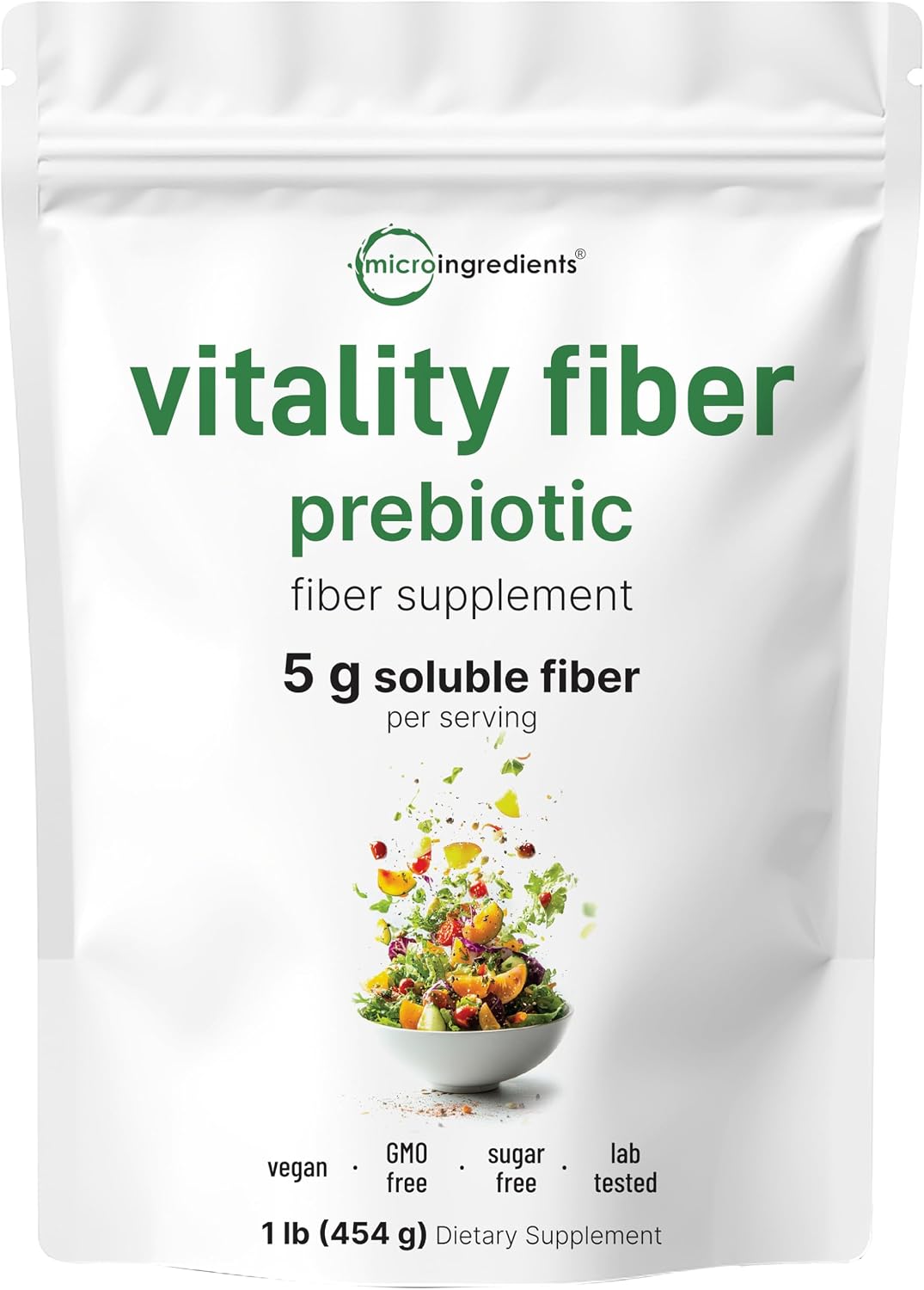 Micro Ingredients Vitality Prebiotic Fiber Powder, 1lb | Easy Mix Powder for Digestive & Gut Health | Daily Prebiotic Soluble Fiber Supplement for Women and Men | Unflavored, Sugar Free & Vegan