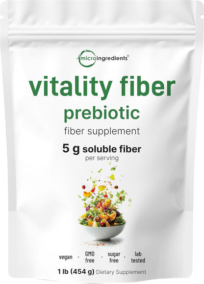 Micro Ingredients Vitality Prebiotic Fiber Powder, 1lb | Easy Mix Powder for Digestive & Gut Health | Daily Prebiotic Soluble Fiber Supplement for Women and Men | Unflavored, Sugar Free & Vegan
