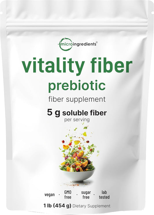 Micro Ingredients Vitality Prebiotic Fiber Powder, 1lb | Easy Mix Powder for Digestive & Gut Health | Daily Prebiotic Soluble Fiber Supplement for Women and Men | Unflavored, Sugar Free & Vegan