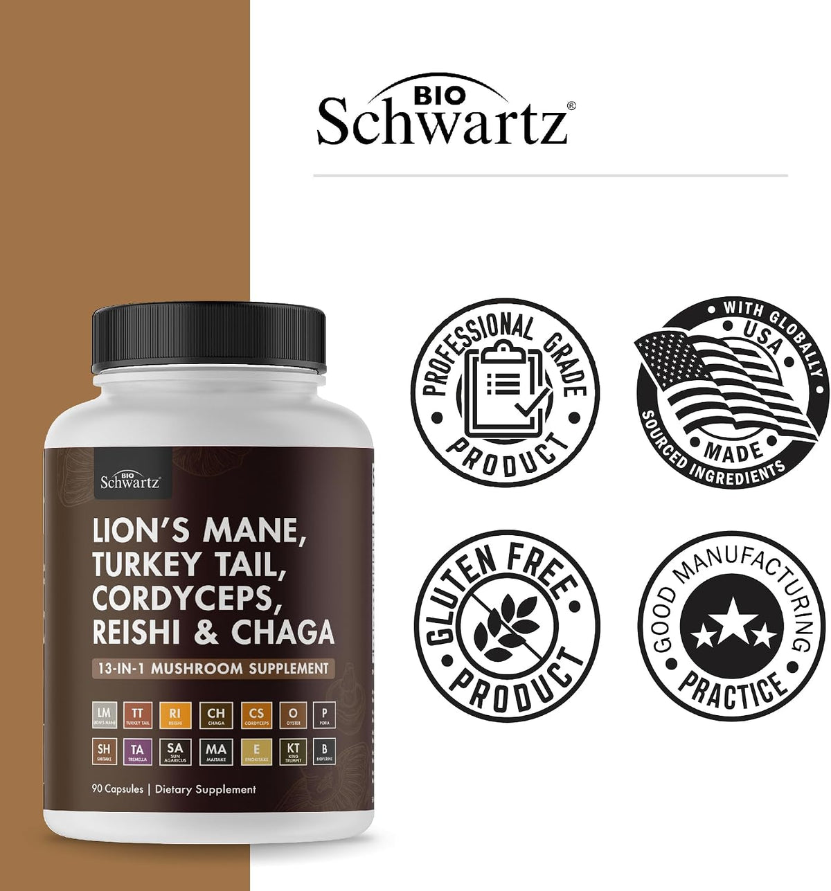 BioSchwartz 13-in-1 Mushroom Complex Capsules with Bioperine, 90 Count