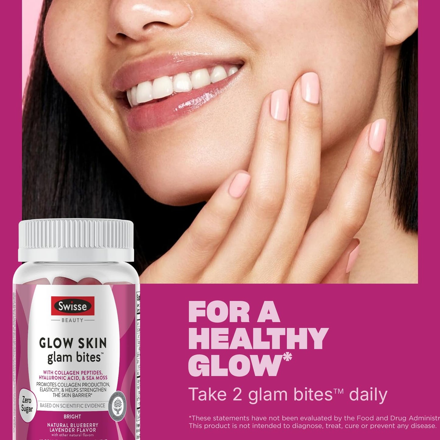 Swisse Glow Skin Glam Bites – Collagen Peptides, Hyaluronic Acid & Sea Moss – Supports Skin Elasticity & Hydration – Zero Sugar Gummies for Adults – Blueberry Lavender Flavor, 60 Count