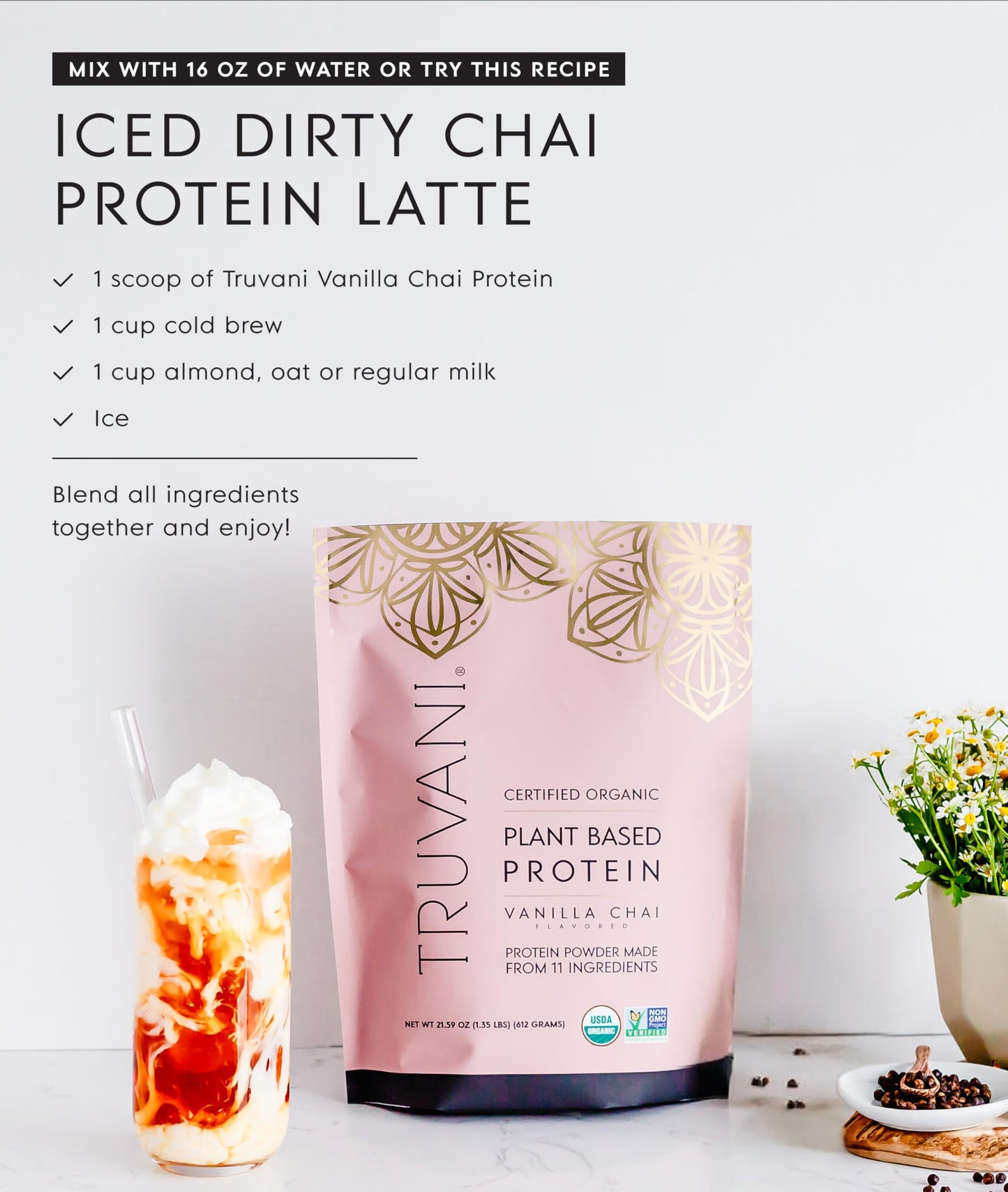 Truvani Organic Plant Based Protein Powder | Vanilla | 18 Servings | Vegan | 20g Pea Protein | Keto | Gluten & Dairy Free | Low Carb | No Added Sugar