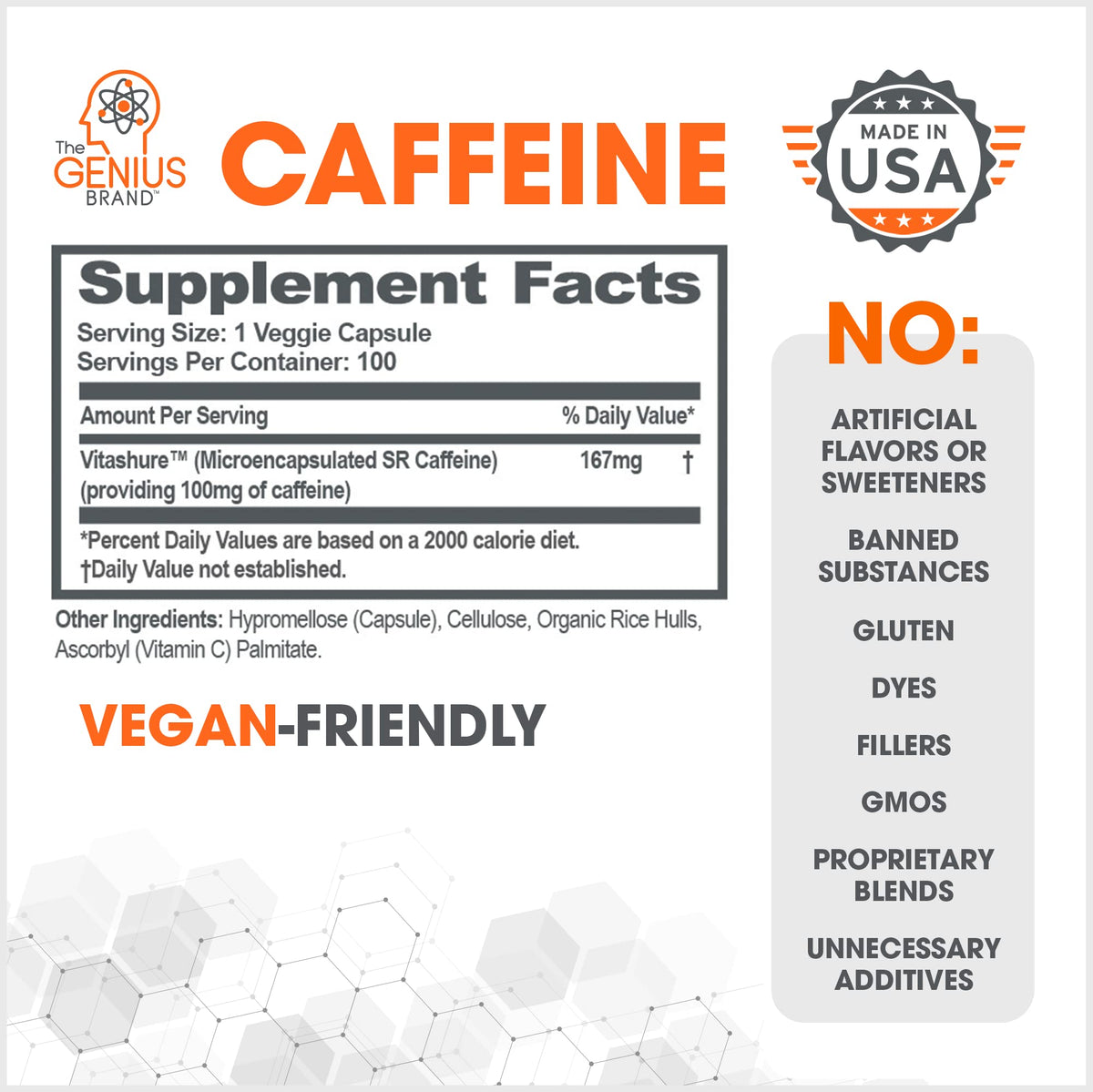 Genius Caffeine Pills 100mg, Extended-Release Microencapsulated Caffeine Pills