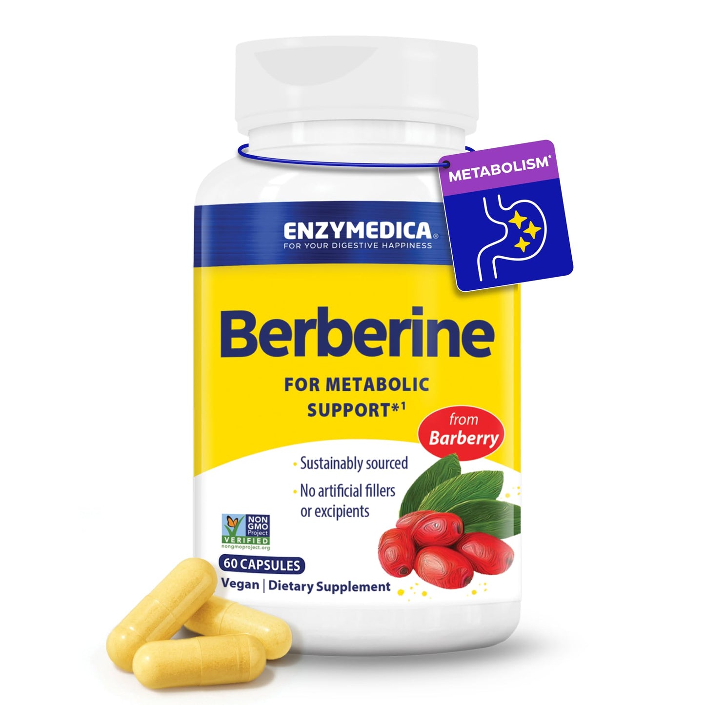 Enzymedica Berberine HCl Supplement 510 mg - Berberine Capsules for Men & Women, Natural Metabolic Health Support, Vegan, Gluten Free, Non-GMO - 120 Targeted Release Caps