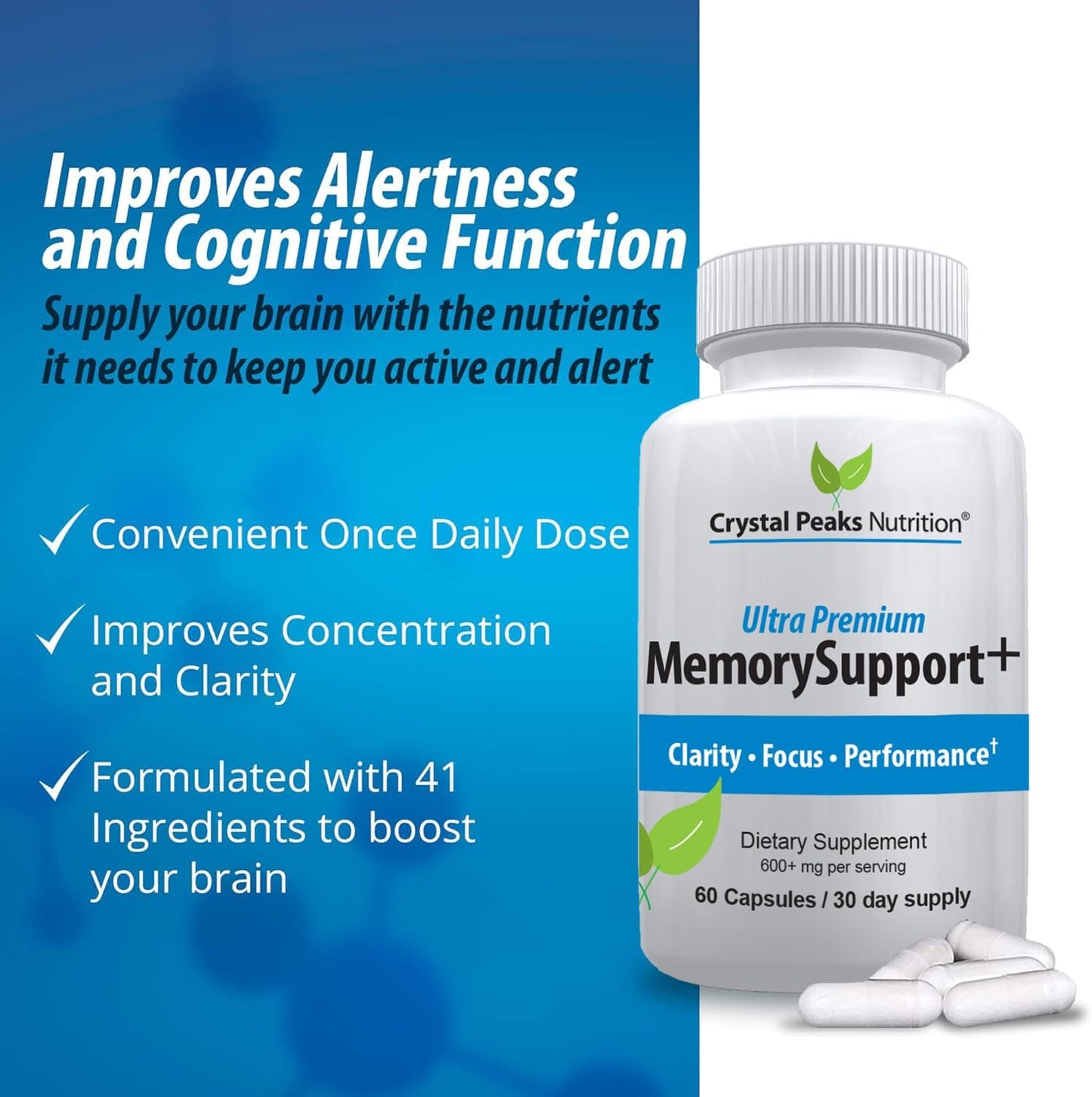 Memory Boost + Brain Support Supplement – Nootropic for Focus, Concentration, Memory. Enhanced Energy, Recall and Alertness - 60 Capsules/30-day Supply.
