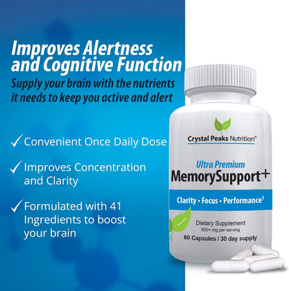 Memory Boost + Brain Support Supplement – Nootropic for Focus, Concentration, Memory. Enhanced Energy, Recall and Alertness - 60 Capsules/30-day Supply.