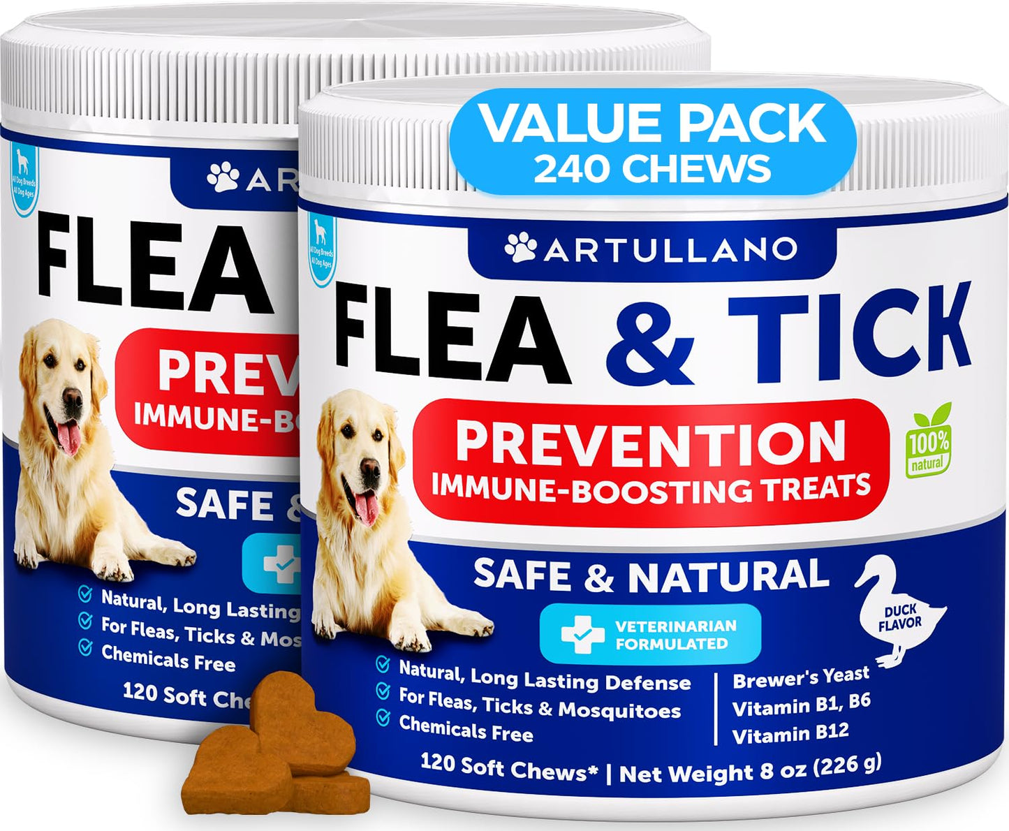 Flea and Tick Prevention for Dogs Chewables - Natural Flea Treatment Control - Supplement for Large & Small Dogs with Vitamins - Immune Support Chews - Puppy Pest Defense Oral Pills - 120 Soft Treats