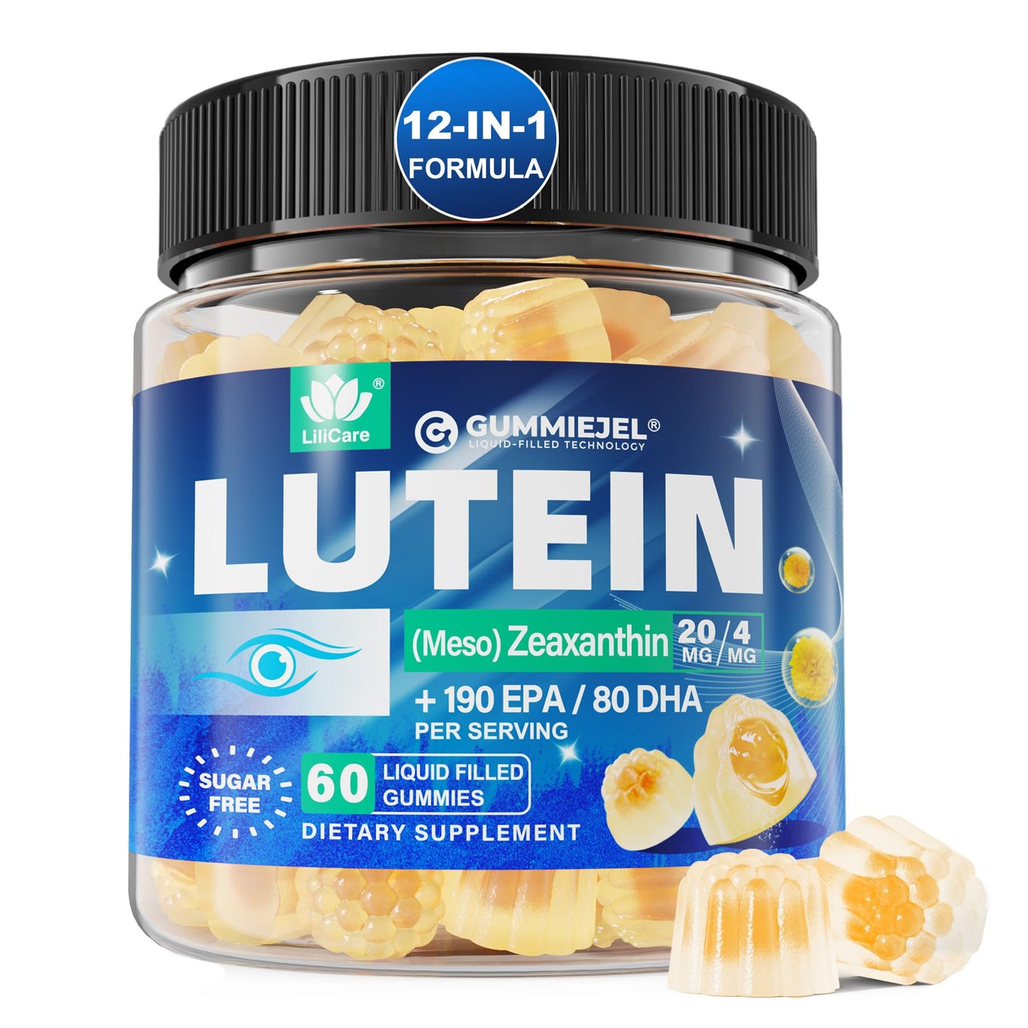 Lutein 20mg 40mg and Zeaxanthin Supplements for Eyes, Lutein Gummies with Omega 3, Saffron, Zinc, Bilberry & Goji Berry for Vision Support - Eye Vitamins Gummies for Seniors - Vegan, Sugar Free, 60ct