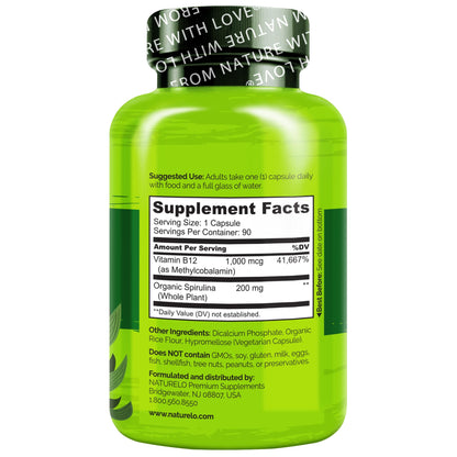 NATURELO Vegan B12 - Methyl B12 with Organic Spirulina - High Potency Vitamin B12 1000 mcg Methylcobalamin - Supports Healthy Mood, Energy, Heart & Eye Health - 90 Capsules