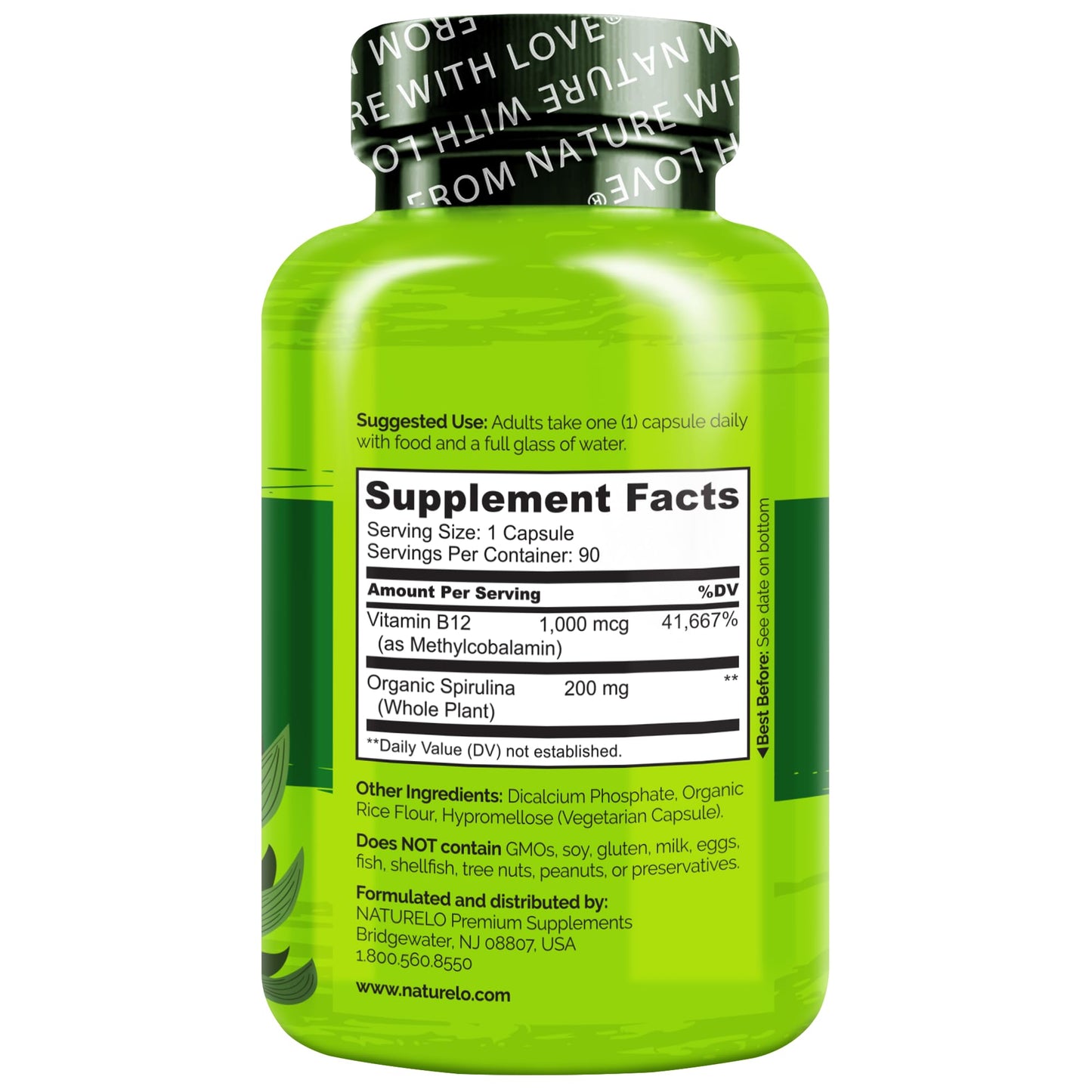 NATURELO Vegan B12 - Methyl B12 with Organic Spirulina - High Potency Vitamin B12 1000 mcg Methylcobalamin - Supports Healthy Mood, Energy, Heart & Eye Health - 90 Capsules