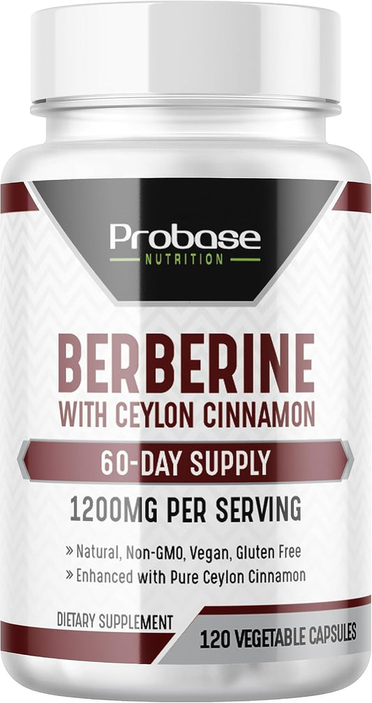 Probase Nutrition Berberine 1200mg with Ceylon Cinnamon Extract - Gluten Free and Vegan - 120 Capsules - Herbal Supplement