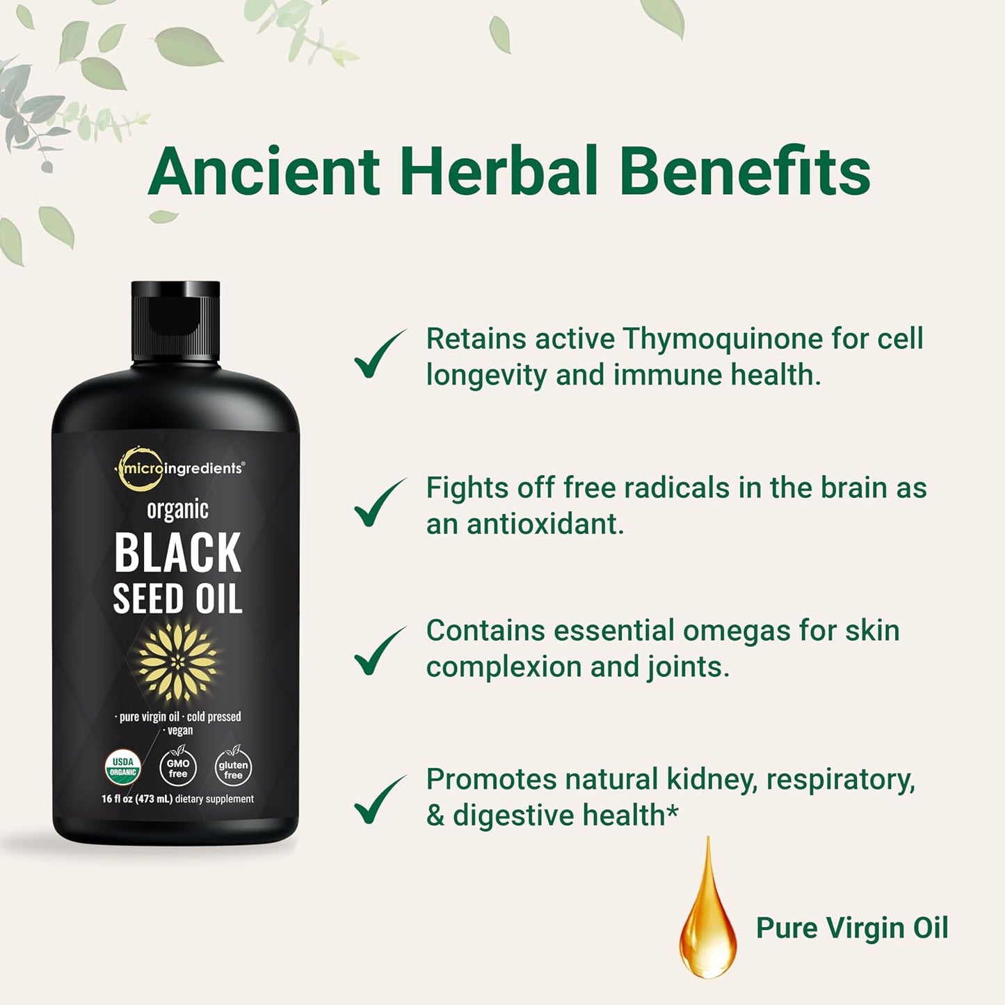 Micro Ingredients Black Seed Oil Organic Cold Pressed, 16 fl oz | Rich in Thymoquinone & Omega 3 6 9 | Unrefined from Nigella Sativa Seeds | Immune, Hair & Skin Support* | Non-GMO - 3 Months Supply