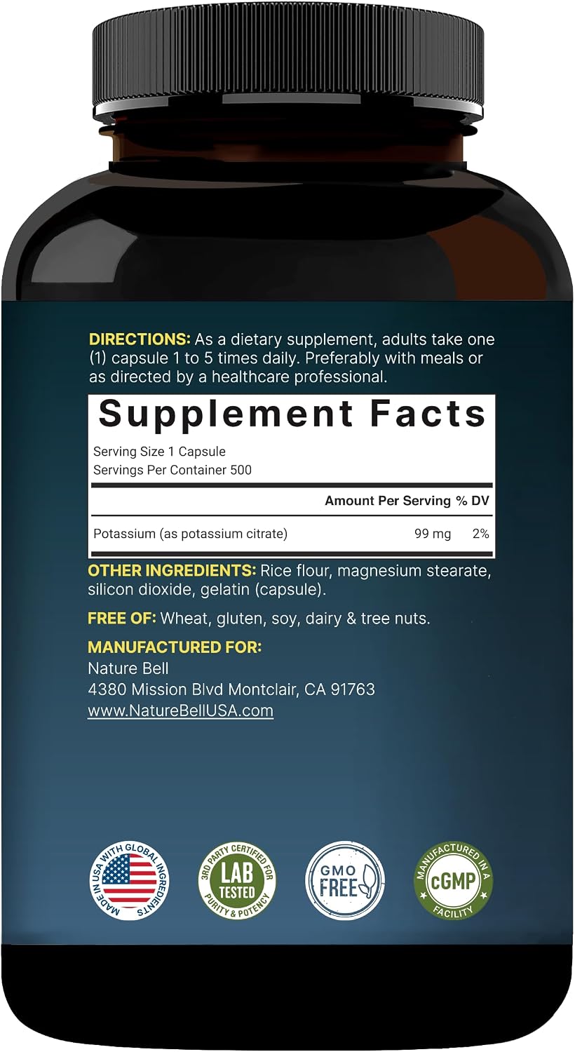 NatureBell Potassium Citrate 99mg, 500 Capsules - Chelated Mineral Supplements - Non-GMO, Gluten Free