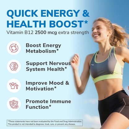 Vitalibre Vitamin B12 2500 mcg, Extra Strength Sublingual Methylcobalamin, Natural Peach Flavor, Nervous System, Energy Support, No Sugar, 90 Fast Dissolve Tablets