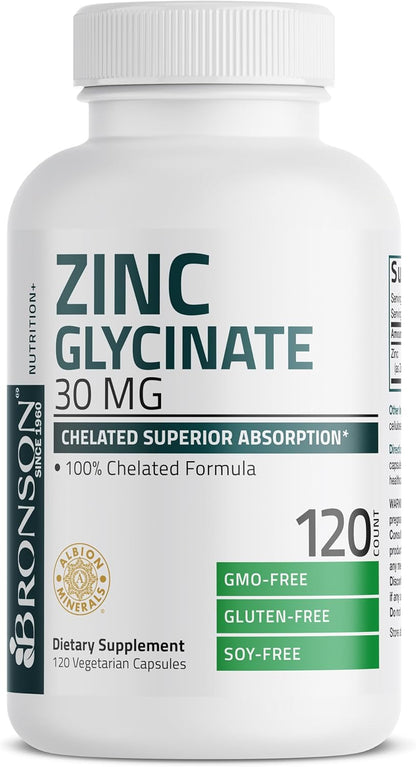Bronson Zinc Glycinate 30mg Chelated Superior Absorption 100% Chelated Formula Non-GMO, 120 Vegetarian Capsules