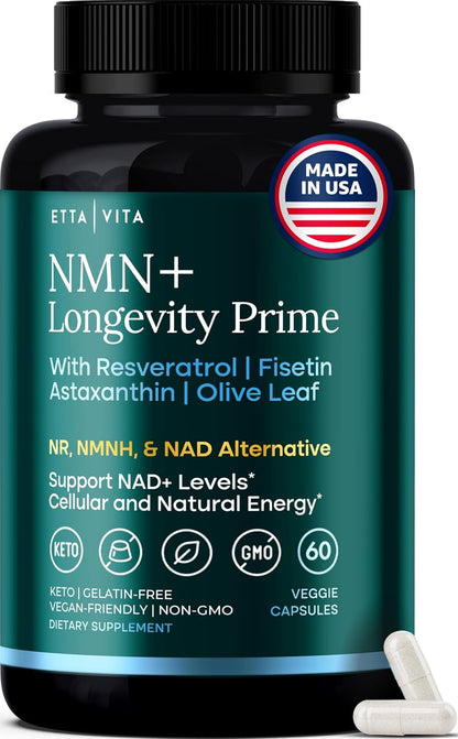 Etta Vita NMN Supplement (5-in-1) with Resveratrol - Supports NAD+ Levels, Cellular Energy, Focus & Healthy Aging for Men and Women - with Fisetin, Astaxanthin & Olive Leaf, Vegan, Made in USA