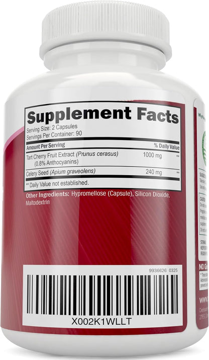 Tart Cherry Capsules with Celery Seed, Uric Acid Support, 3 Month Supply | Premium Montmorency Tart Cherry Extract Capsules, Antioxidant Support for Recovery & Comfort, Non-GMO & Vegetarian, 180 Ct