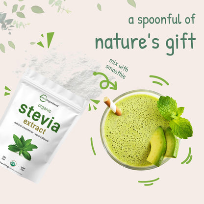 Micro Ingredients Pure Organic Stevia Powder, 8 Ounces, 1418 Serving, Highest Grade Green Leaf Extract Reb-A, Reduced Bitter Aftertaste, 0 Calorie, Natural Sweetener, Sugar Alternative, Keto Friendly