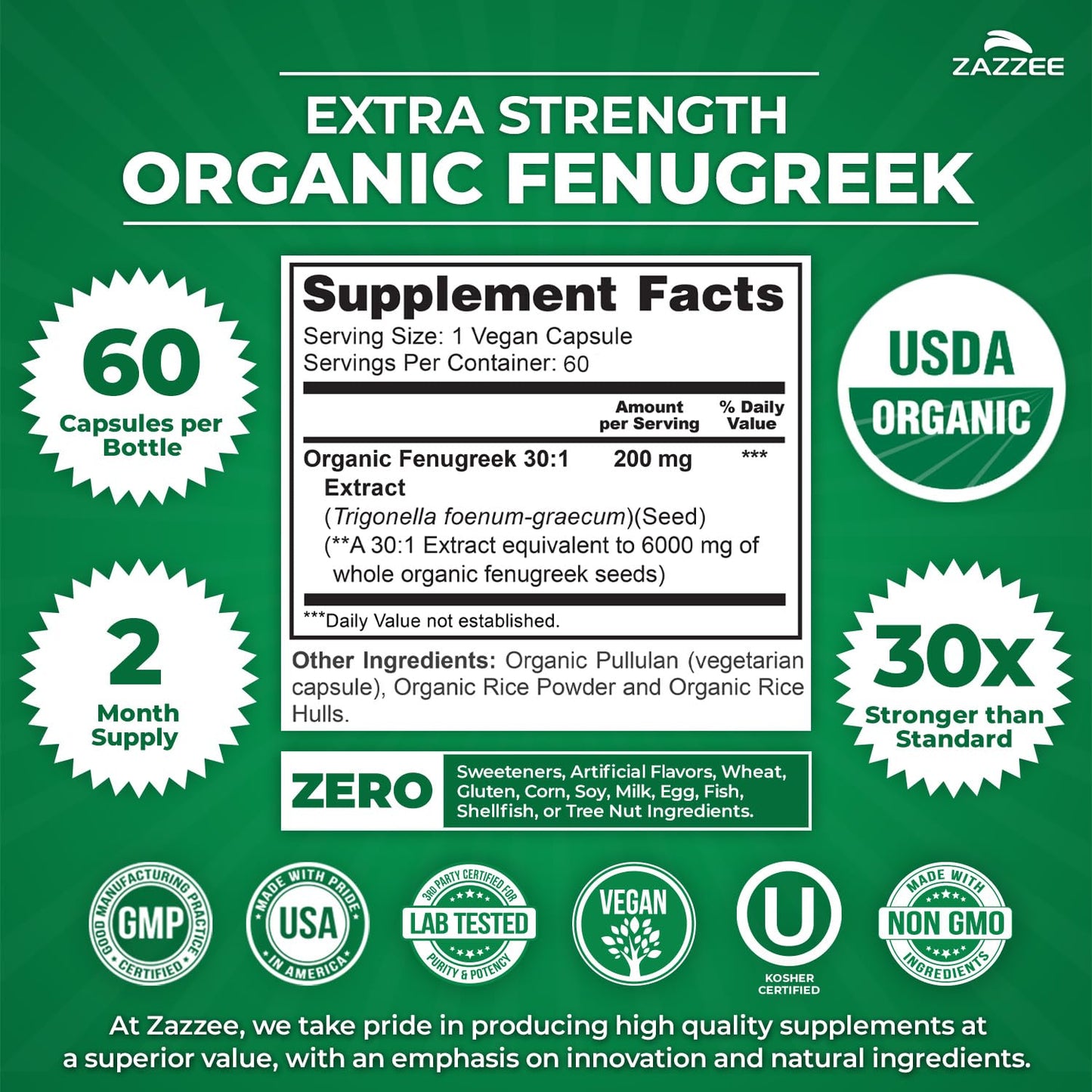 Zazzee USDA Organic Fenugreek 30:1 Extract, 120 Vegan Capsules, 4 Month Supply, Breastfeeding & Lactation Support for Nursing Mothers, Organic Herbal Supplement, All-Natural, Non-GMO, Made in the USA