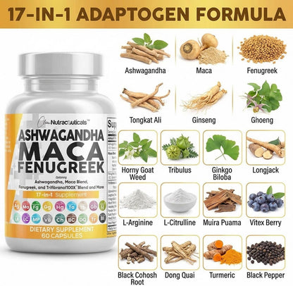 Clean Nutraceuticals Ashwagandha Maca Root Fenugreek Supplement with Tongkat Ali Ginseng - Assists with Stress, Mood & Thyroid - Ashwagandha Capsules Fenugreek Caps