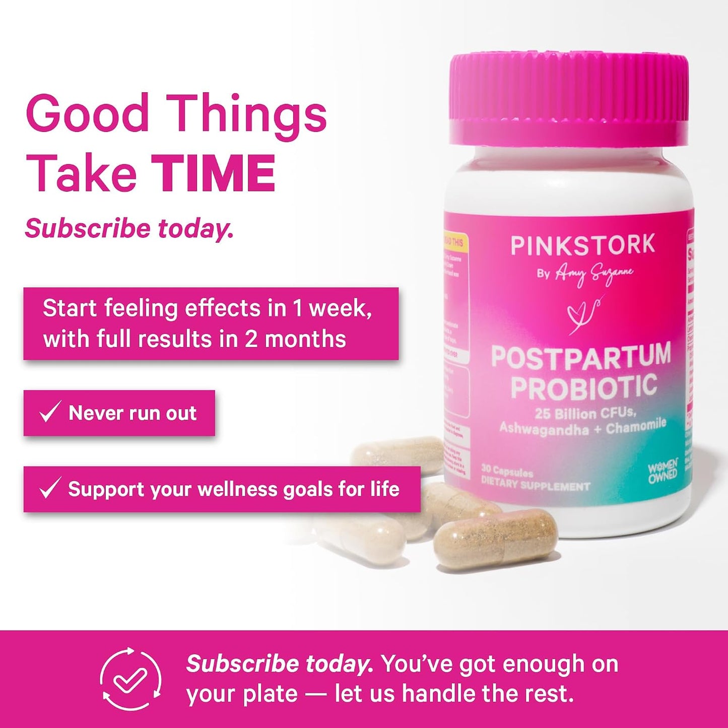 Pink Stork Probiotics for Postnatal Women - 30 Billion CFUS with Ashwagandha and Chamomile, Postpartum Essentials for Hormone Balance, Mood Support, Gut Health, Digestive Wellness, 30 Capsules