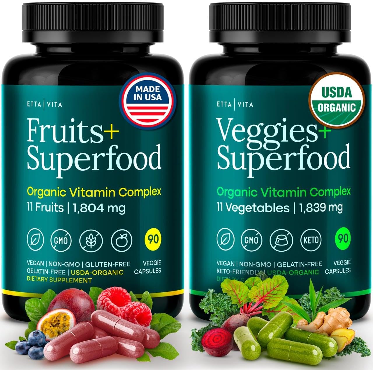 USDA Organic Fruits and Veggies Supplement, 31 Whole Foods, 180 Vegan Ct | Food berry & greens supplements blend for energy, immune & digestive support, vegan, non-GMO, gluten free, third-party tested