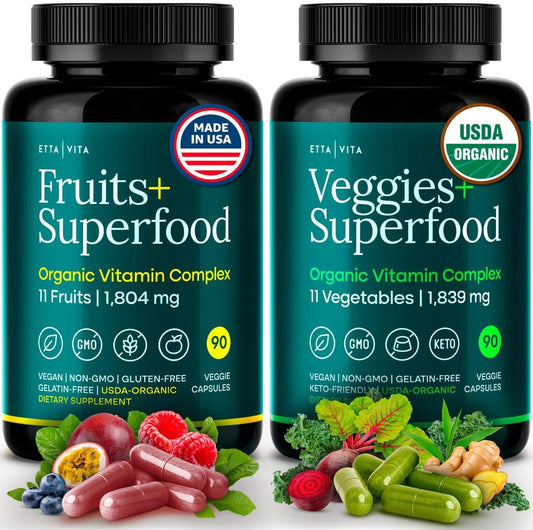 USDA Organic Fruits and Veggies Supplement, 31 Whole Foods, 180 Vegan Ct | Food berry & greens supplements blend for energy, immune & digestive support, vegan, non-GMO, gluten free, third-party tested