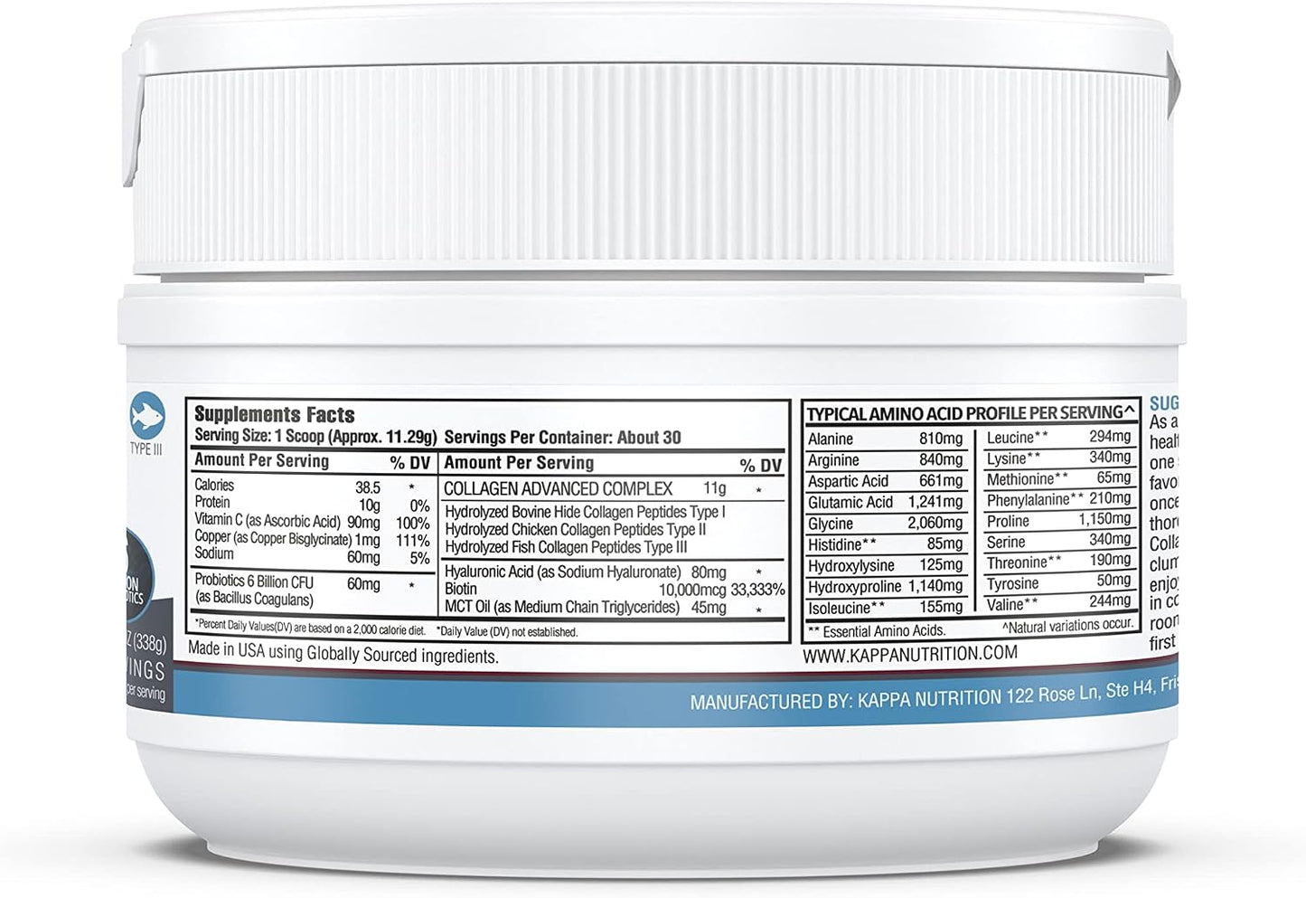 KAPPA NUTRITION Collagen Type I, II, III, 6 Billion Probiotic Acid Resistance, Hyaluronic Acid, Vitamin C, Biotin, Copper and MCT Oil, Beautiful Hair, Nails, & Skin, Collagen Peptides 9 in 1 (11.9oz)