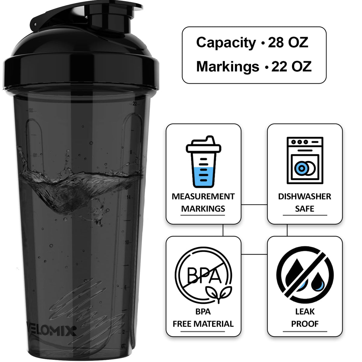 VELOMIX -4 PACK- Protein Shaker Bottles for Protein Mixes, 28 OZ Shaker Cups for Protein Shakes